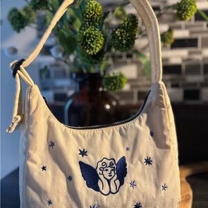 BAGGU Cream and Blue Embroidered Angel Shoulder Bag